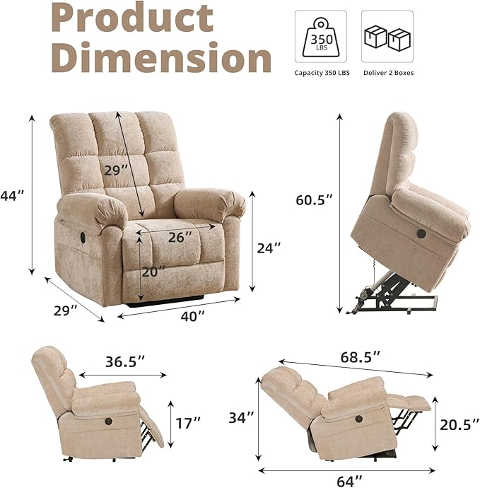 Oversized Power Lift Recliner Chair for Elderly, Electric Lift Chair with Masssage and Heat, Overstuffed Power Recliner for Adults, 3 Positions,USB Ports, Side Pockets,Beige
