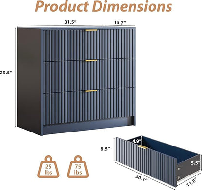 3-Piece Dresser Bedroom Set, 7 Drawer Dresser & 3 Drawer Nightstands with Gold Handles, Fluted Wood Chest of Drawers for Bedroom, Living Room, Entryway, Navy Blue