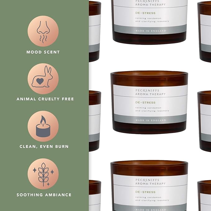 Pecksniff's Aromatherapy De-Stress Candle, 3-Wick, Cardamon & Rosemary, Premium Wax, 285g/10oz, Spicy Pine Scent, Eco-Friendly, Long-Lasting for Relaxation