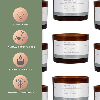 Pecksniff's Aromatherapy De-Stress Candle, 3-Wick, Cardamon & Rosemary, Premium Wax, 285g/10oz, Spicy Pine Scent, Eco-Friendly, Long-Lasting for Relaxation