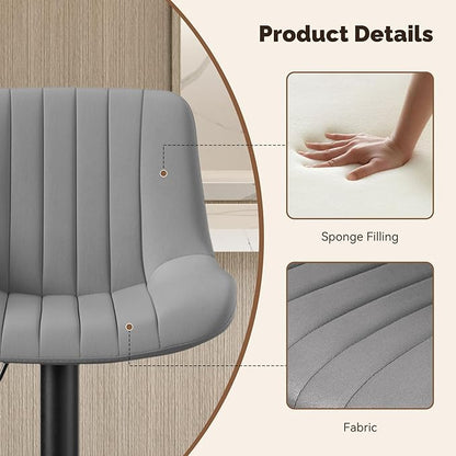 Nalupatio Bar Stools Set of 2, Adjustable Modern Swivel Bar Stools with Backs, Counter Height Performance Fabric Island Chairs for Home Kitchen, Dark Grey
