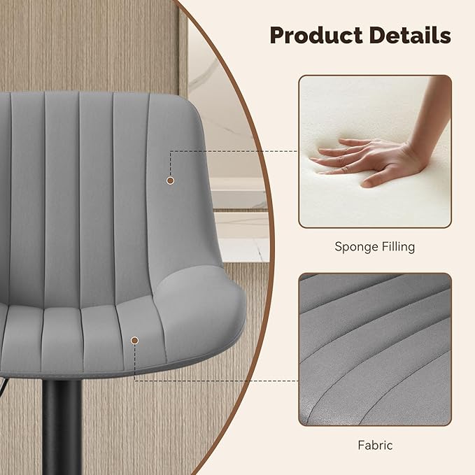 Nalupatio Bar Stools Set of 4, Adjustable Modern Swivel Bar Stools with Backs, Counter Height Performance Fabric Island Chairs for Home Kitchen, Dark Grey