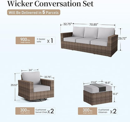Swivel Glider 5 Piece Outdoor Furniture Set with Swivel Chairs, Wicker Patio Furniture with 4.92" Wide Armrest, 26.3" Deep Seating and 5.5" Thick Cushions, Grey