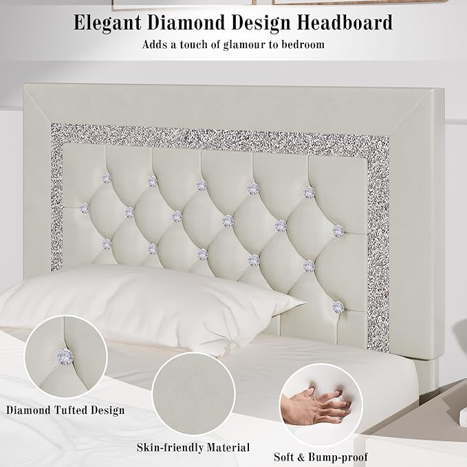 BarnFurin Twin Bed Frame with Diamond Tufted Headboard, Faux Leather Upholstered Bed with Wooden Slats Support, No Box Spring Needed, Mattress Foundation, Easy Assembly, Cream