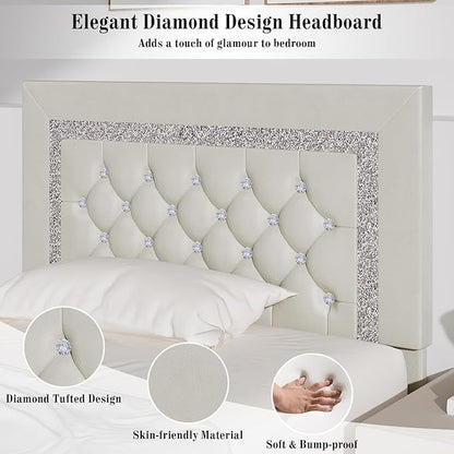 BarnFurin Twin Bed Frame with Diamond Tufted Headboard, Faux Leather Upholstered Bed with Wooden Slats Support, No Box Spring Needed, Mattress Foundation, Easy Assembly, Cream