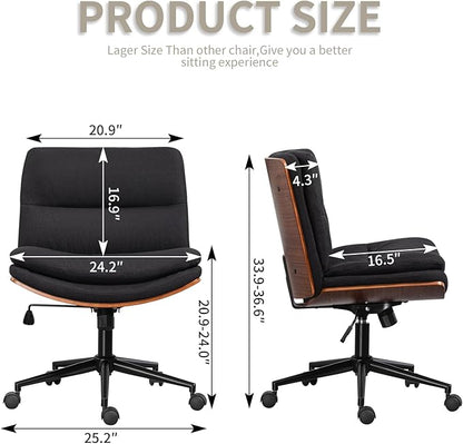 Armless Modern Walnut Office Desk Chair with Wheels, Adjustable Wide Swivel Task Chair, Ergonomic Cross Legged Fabric Chair for Conference Room, Home Office (Black)