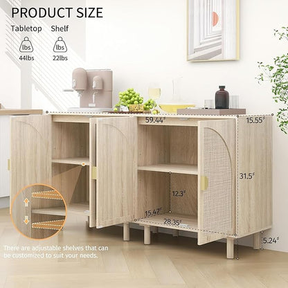Beige Sideboard Cabinet with 2 Rattan Doors, Rattan Buffet Cabinet with Adjustable Shelves & Pine Legs, Boho Sideboard Buffet for Living Room, Kitchen, Entryway (Beige,2 PCS)