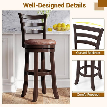 COSTWAY 30” Bar Height Stools Set of 4, Swivel l High-Top Chairs with Backrest & Faux Leather Padded Seat, Rubber Wood Barstools with Footrest for Kitchen, Dining Room, Pub (4,30'')