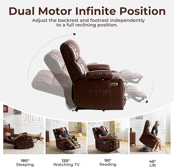 Dual Motor Power Lift Recliner Chair for Elderly with Massage and Heat, Oversized Lift Chair with Arm Storage, Lay Flat Lift Recliner for Adults, Big Tall, Infinite Position, Brown