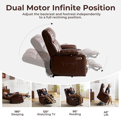 Dual Motor Power Lift Recliner Chair for Elderly with Massage and Heat, Oversized Lift Chair with Arm Storage, Lay Flat Lift Recliner for Adults, Big Tall, Infinite Position, Brown