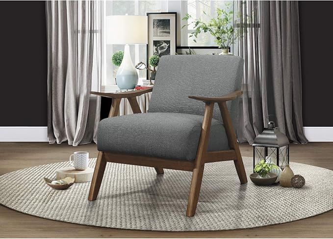 Lexicon Mid Century Modern Accent Chair with Solid Wood Frame in Walnut Finish, Upholstered Living Room Lounge Arm Chair, Thick and Comfy Innerspring Seat Cushion, Linen-Look Fabric, Gray