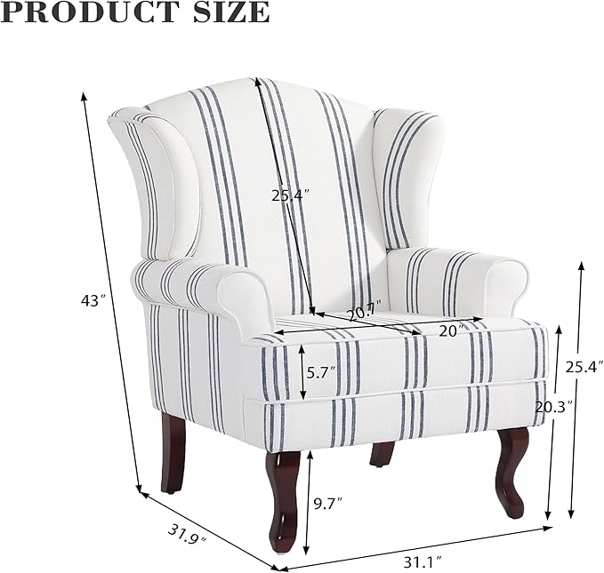 Pia Ricco Set of 2 Stripe High Back Accent Chairs: Upholstered Fabric Armchairs with Solid Wood Legs - Retro Living Room Pair, Comfy Reading Sofa Seats-Navy