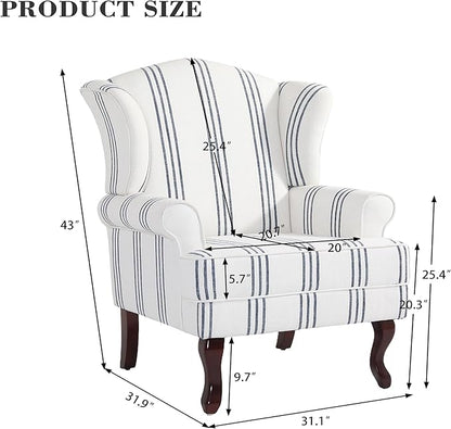 Pia Ricco Stripe High Back Floral Accent Chair, Upholstered Fabric Armchair with Solid Wood Legs - Retro Living Room Reading Chair, Comfortable Single Sofa Seat-Navy