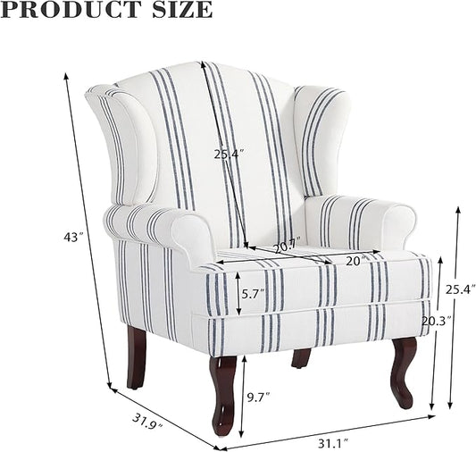 Pia Ricco Stripe High Back Floral Accent Chair, Upholstered Fabric Armchair with Solid Wood Legs - Retro Living Room Reading Chair, Comfortable Single Sofa Seat-Navy