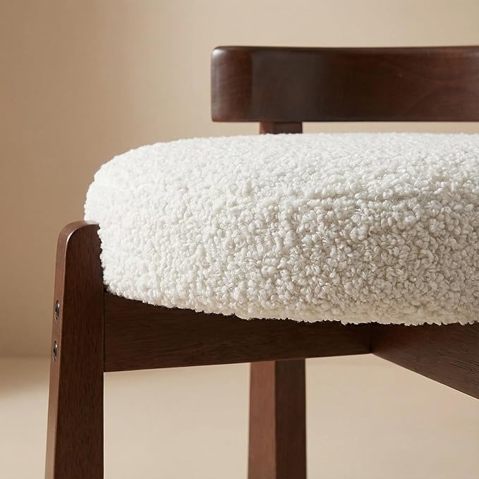 HNY Modern Boucle Ottoman Set of 2 Upholstered Vanity Chair with Solid Wood Legs, Cute Round Footrest for Bedroom & Living Room, White