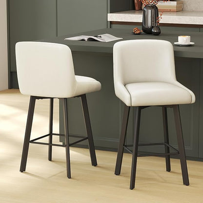 Swivel Bar Stools, 26''H Upholstered Barstools with Backs, Modern Counter Height Bar Stool Chairs for Kitchen Island, Metal Legs (Beige- Faux Leather, Set of 2-26" H)