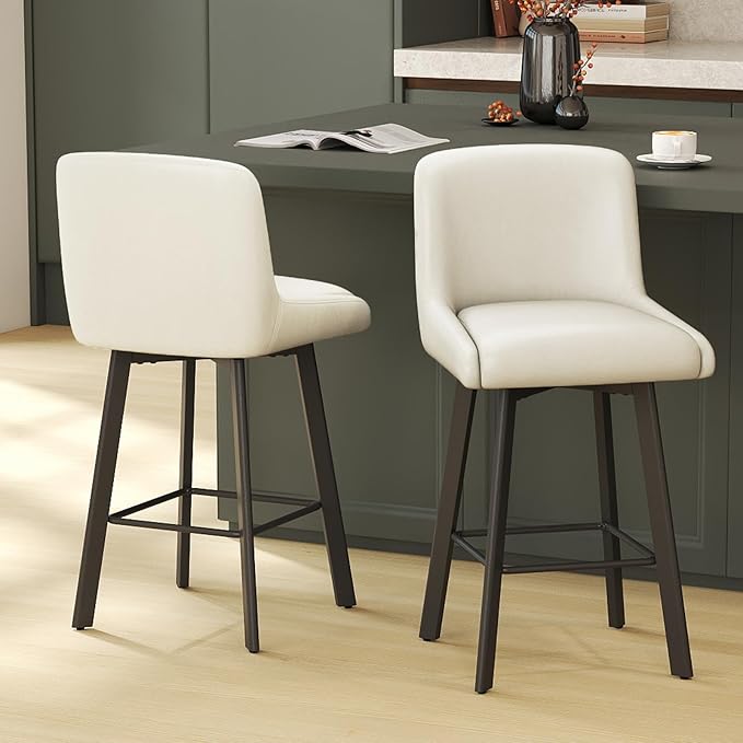 Swivel Bar Stools, 26''H Upholstered Barstools with Backs, Modern Counter Height Bar Stool Chairs for Kitchen Island, Metal Legs (Beige- Faux Leather, Set of 4-26" H)