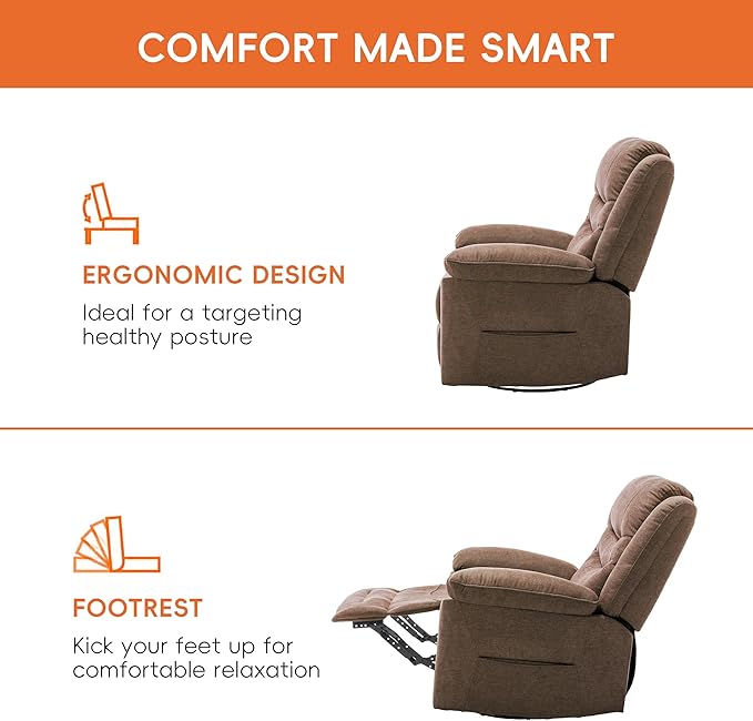 Power Swivel Rocker Recliner with Massage and Heat, USB Port, Infinite Position, Oversized Electric Glider Rocking Chairs Living Room, Soft Fabric Reclining Sofa Chair(Mocha)
