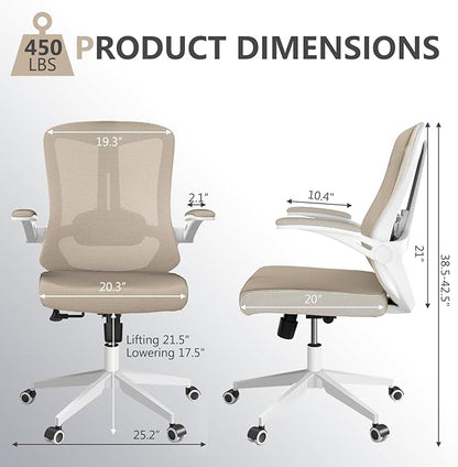 Ergonomic Office Chair with Lumbar Support, High Back Mesh Desk Chair with Flip-Up Arms, Adjustable Computer Task Chair, Khaki