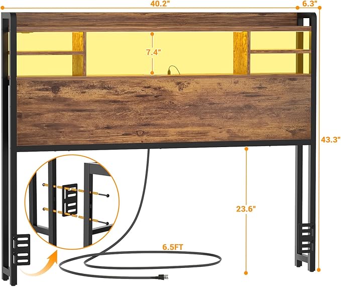 Aheaplus Headboard for Twin Size Bed with Storage, Headboards with LED Light, Power Outlets, USB Ports Twin Size Head Board, Wood headboard Only Sturdy and Stable Headboards, Rustic Brown