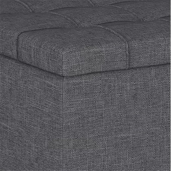 SIMPLIHOME Harrison 34 inch Wide Transitional Rectangle Small Coffee Table Storage Ottoman in Slate Grey Linen Look Fabric, Assembled, for the Living Room and Bedroom