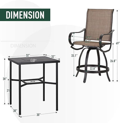 PHI Villa 5PCS Patio Bar Set, Metal Bar Height Table and 4 Outdoor Swivel Bar Chairs with Textilene Fabric and Thickened Black Metal Frame,High Patio Furniture for Garden,Yard