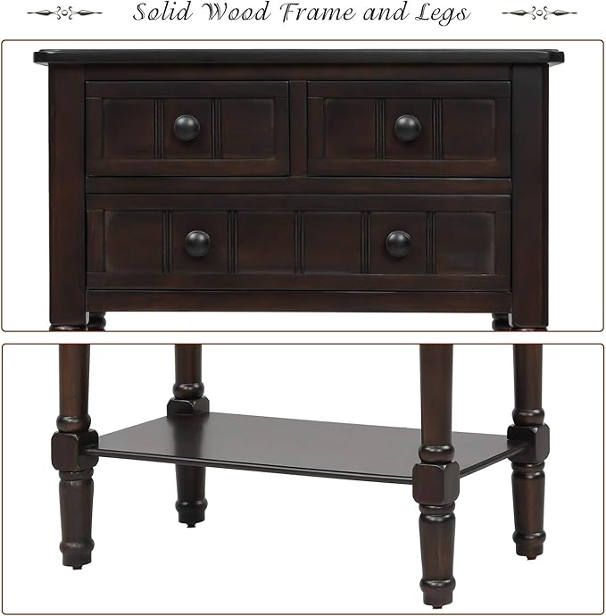 Knocbel Slim Antique Entry Console Table with Drawers & Bottom Open Shelf, Solid Wood Sofa Couch Table for Entryway Hallway Living Room (Espresso)
