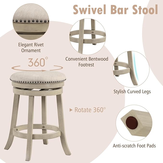 COSTWAY 360° Swivel Bar Stools Set of 2, 26.5-inch Height Upholstered Round Barstools with Wooden Frame, Seat and Footrest, Backless Solid Wood Counter Stools for Kitchen Island Bistro Pub, Beige