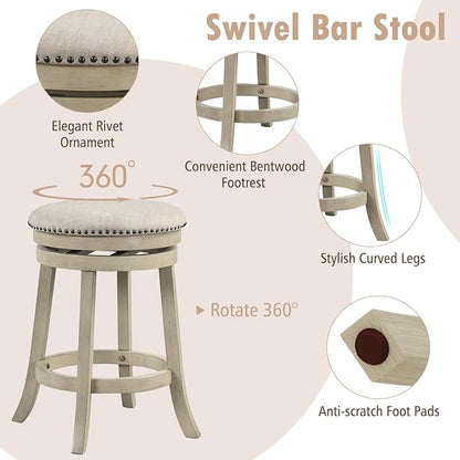COSTWAY 360° Swivel Bar Stools Set of 4, 26.5-inch Height Upholstered Round Barstools with Wooden Frame, Seat and Footrest, Backless Solid Wood Counter Stools for Kitchen Island Bistro Pub, Beige