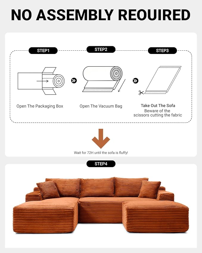 108" Cloud Sectional Couch,Modern Modular Sectional Sofa with Deep Seat,Corduroy Boneless Couches with L-Shape Chaise for Living Room,No Assembly Required (Orange, Left Facing Chaise + Ottoman)