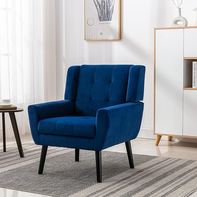 Dolonm Midcentury Modern Velvet Accent Chair with Arms, Upholstered Reading Side Chair Tufted Back Decorative Wingback Chair for Living Room Bedroom (Blue - Velvet)