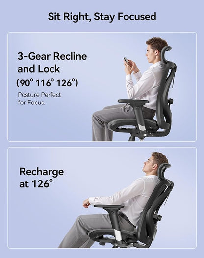 SIHOO M57 Ergonomic Office Chair with 3 Way Armrests Lumbar Support and Adjustable Headrest High Back Tilt Function Grey