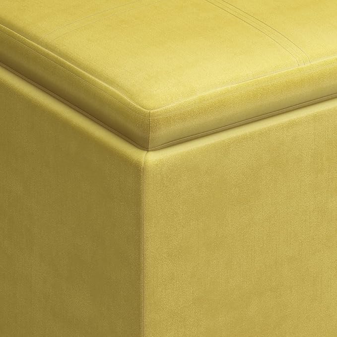 SIMPLIHOME Rockwood 18 inch Wide Contemporary Square Cube Storage Ottoman with Tray in Dijon Yellow Velvet Fabric, Assembled, For the Living Room, Entryway and Family Room