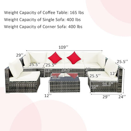Tangkula 7 Pieces Patio Rattan Furniture Set, Patiojoy Outdoor Conversation Set with Cushions and Tempered Glass Coffee Table, All-Weather Sectional Sofa Set for Garden, Lawn, Backyard (White)