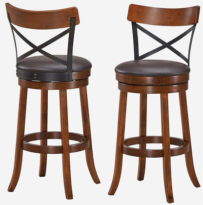 COSTWAY Bar Stool Set of 2, 360-Degree Swivel Solid Wood Stools with Soft Cushion & Backrest, 29.5”Height Kitchen Counter Bar Stools for Kitchen Island, Pub, and Restaurant (2, 29in)