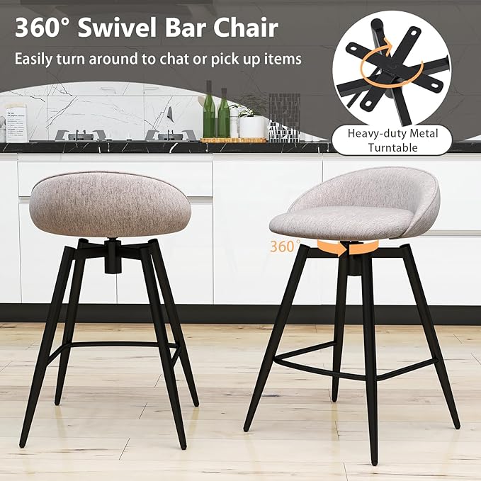 COSTWAY Bar Stools Set of 2, 25" Upholstered Counter Height 360° Swivel Bar Stools w/Backrest & Footrest, Heavy-Duty Metal Frame Armless Breakfast Chairs for Kitchen, Living Room (Set of 2,Grey)