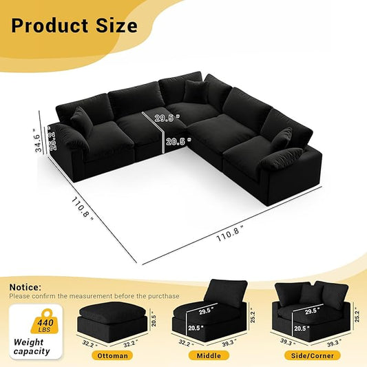 Cloud Modular Couch for Living Room,5 Seat V Shape Linen Blend Sofas,Modern Deep Seat Cloud Sofas,Convertible Comfort Down Filled Sectional Couches,Removable Washable Cushion Covers,Black