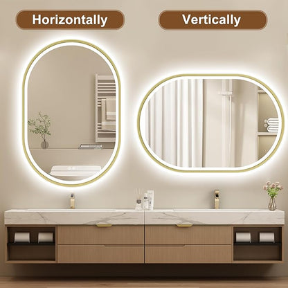 S'bagno Oval-Led-Bathroom-Mirror with Golden Frame Dimmable Brightness, Lghted-Bathroom-Mirror with Defogger, Touch-Buttons, Lights Color Changing, Vertical and Horizontal