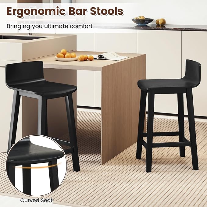 COSTWAY Solid Wood Bar Stools Set of 2, 24.5-inch Counter Height Chairs with Low Back and Footrest, Farmhouse Wooden Armless barstools for Kitchen Island, Dining Room, Cafe, Breakfast, Black
