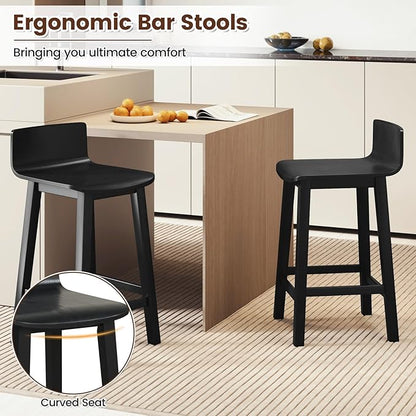 COSTWAY Solid Wood Bar Stools Set of 2, 24.5-inch Counter Height Chairs with Low Back and Footrest, Farmhouse Wooden Armless barstools for Kitchen Island, Dining Room, Cafe, Breakfast, Black