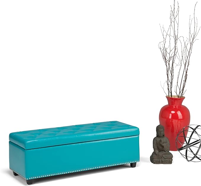 SIMPLIHOME Hamilton 48 inch Wide Transitional Rectangle Storage Ottoman in Mediterranean Blue Vegan Faux Leather, Assembled, For the Living Room, Entryway and Family Room