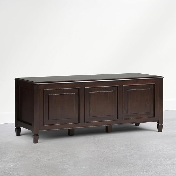 SIMPLIHOME Connaught Entryway Storage Bench - 51 inch Wide Solid Wood Storage Trunk Seat in Dark Kona Brown, Traditional Bench for Entryway or Living Room with Lift-Up Lid and Decorative Moulding