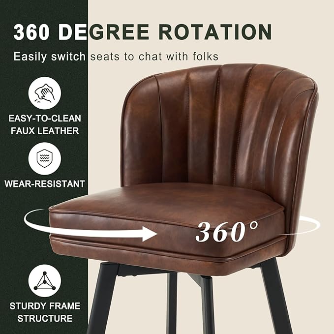 Swivel Counter Height Bar Stools Set of 2, 30'' Modern Barstools with Backs and Metal Legs, Upholstered Bar Chairs, Faux Leather Brown Stools for Kitchen Island Chairs
