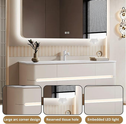 40IN Bathroom Vanity - Bathroom Vanity with Sink with Intelligent Induction Light | Wall-Mounted Bathroom Vanity with Intelligent LED Mirror Cabinet & 6 Drawers, Cream Color