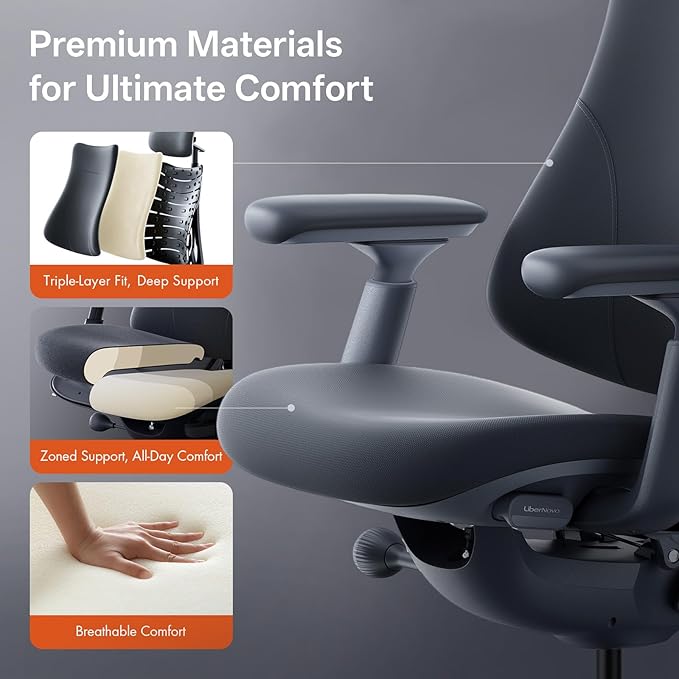 LiberNovo Dynamic Ergonomic Office Chair - Comfy Adjustable Desk Chair with Adaptive Lumbar Support, 160° Recline & Built-in Spine Stretch for Back Comfort, Home Office Long Hours Use, Black+45cm