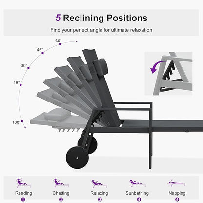 PURPLE LEAF Patio Lounge Chair Set of 3 Outdoor Chaise Lounger Aluminum Frame with Armrest Side Table and Wheels for Pool Outside Sunbathing Tanning Recliner Including Pillows Gray