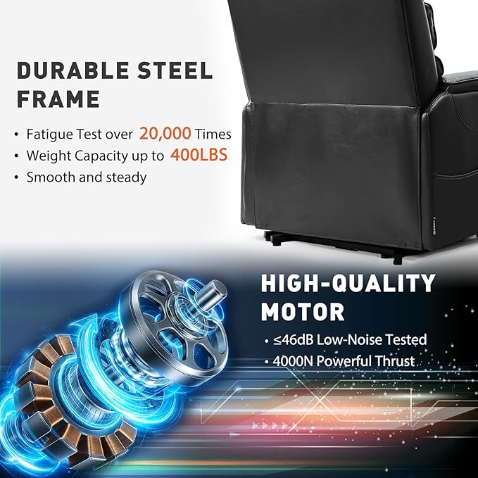 EONIX Dual Motor Lay Flat Power Lift Recliner Chair for Elderly, Faux Leather Electric Lift Chairs for Adults, 400lbs Heavy Duty Power Recliner with Heat Massage Charging Ports, SLRY003, Black
