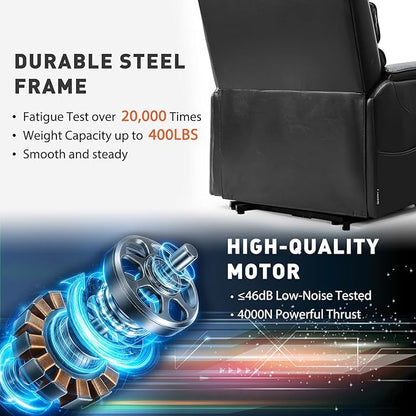 EONIX Wide Lay Flat Power Lift Recliner Chair for Elderly, Heavy Duty Oversized Breathable Faux Leather Lift Chairs Recliner Sofa with Heat and Massage and Charging Ports, Black