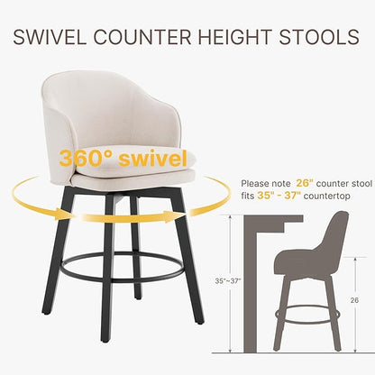 Counter Height Barstools 26 inch Upholstered Swivel Bar Stools with Back and Wood Legs for Kitchen Island,Set of 3,Beige Fabric