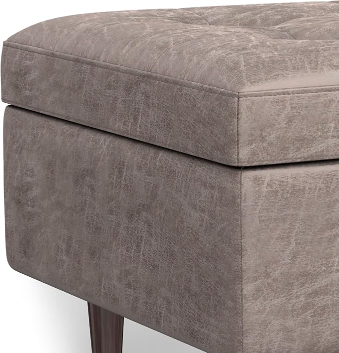 SIMPLIHOME Shay 34 inch Wide Mid Century Modern Small Rectangle Coffee Table Storage Ottoman in Distressed Grey Taupe Vegan Faux Leather, Assembled, for The Living Room and Entryway